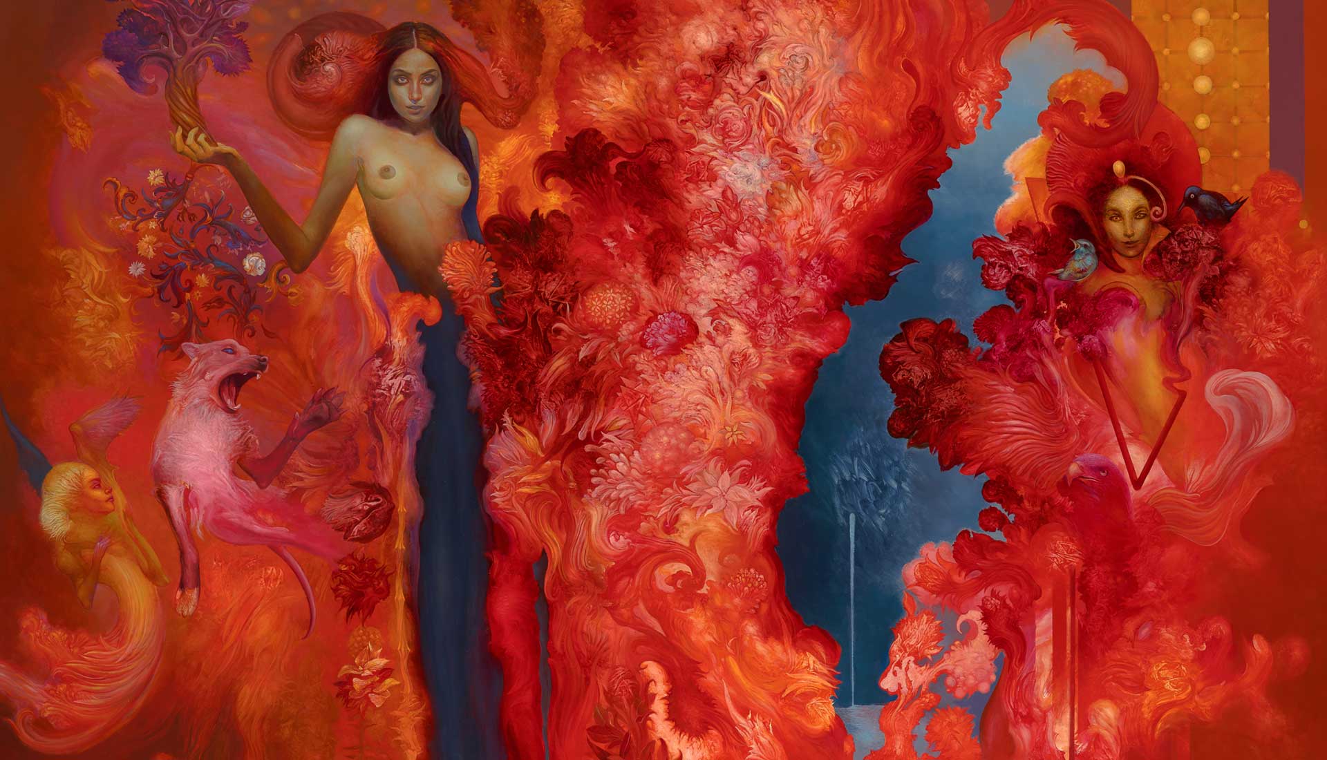 Hero background: Čuvari vatre (Keepers of the Fire), oil on canvas 135x195cm, 2026, by Željko Đurović, abstract composition in warm earthy tones with strong brushstrokes on a dark background.