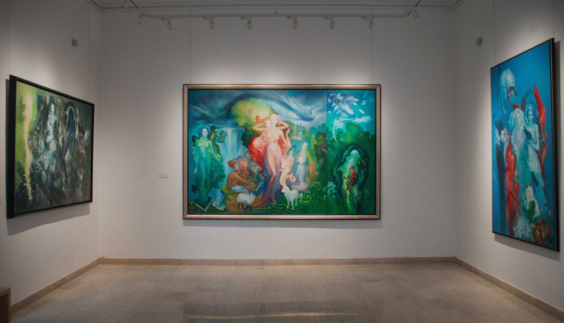 Hero background: Exhibition view of Željko Đurović's solo show at Kolarčeva zadužbina (Kolarac Foundation) gallery in Belgrade, featuring three large-scale oil paintings on display