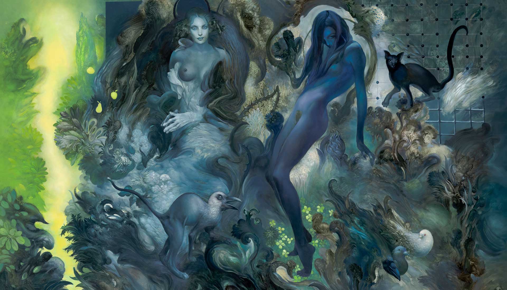 Hero background: Vreme u Evinom vrtu (Time in Eve's Garden), oil on canvas 130x195cm, 2022, by Željko Đurović, abstract composition with layered textures and atmospheric depth in muted earthy and green tones.