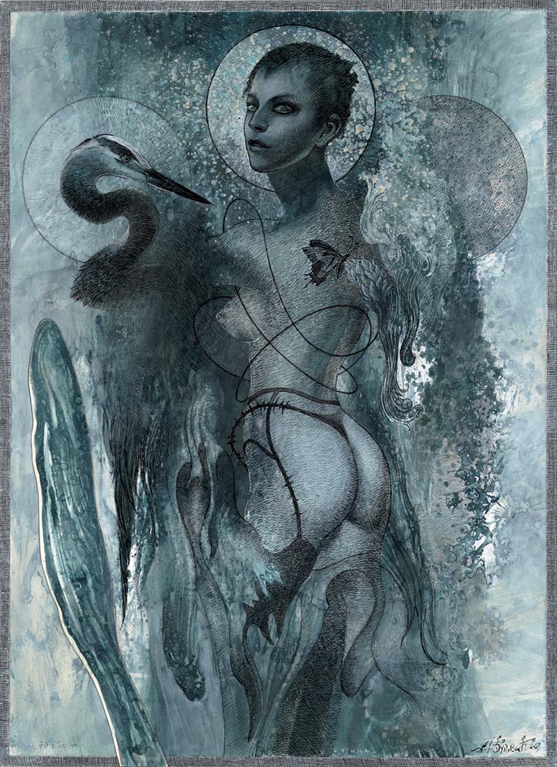 Longing, fantasy art by Željko Đurović, 70 x 50 cm, mixed media, 2023.
