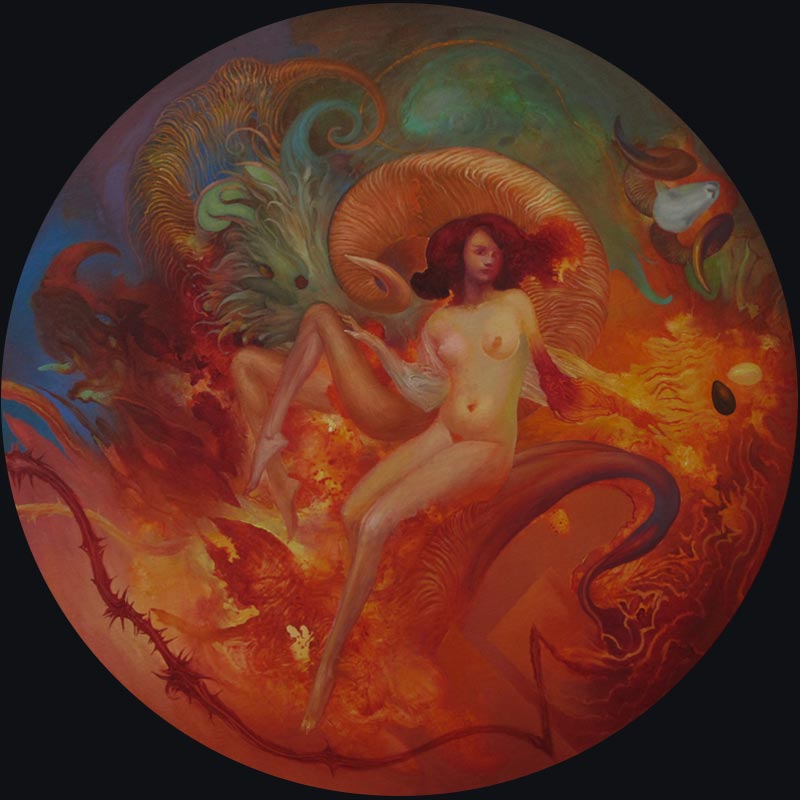 In the Garden – White Angel, round 65 cm, oil on board, 2012 – Željko Đurović