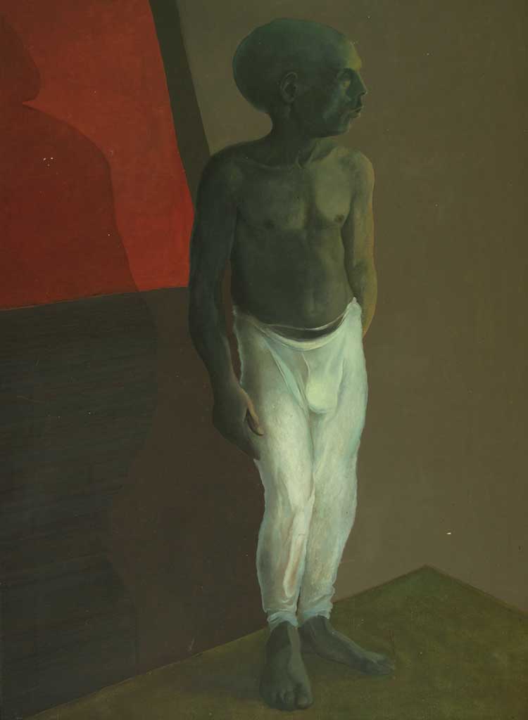 Ljuba model, oil on canvas 120x84cm, 1978, early figurative work by Željko Đurović, depicting a seated female model in warm earthy tones with academic approach to form and light.