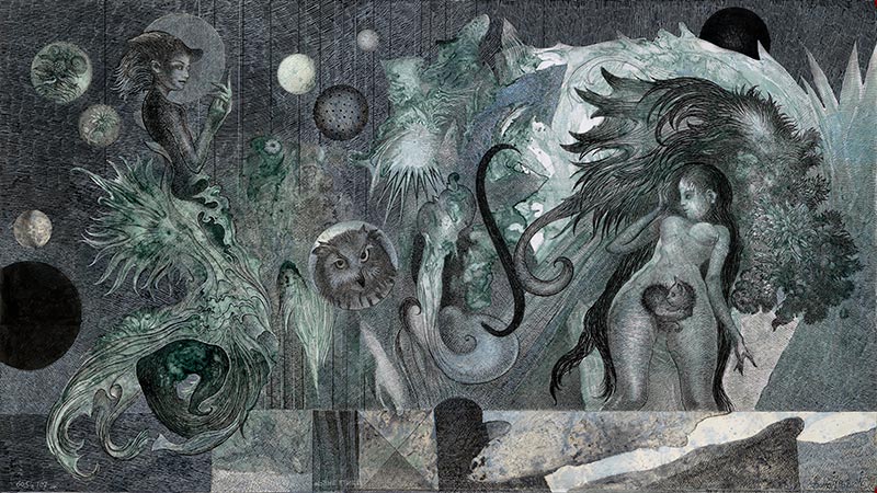Night Birds, 60.5 x 107 cm, mixed media, 2024 – Željko Đurović