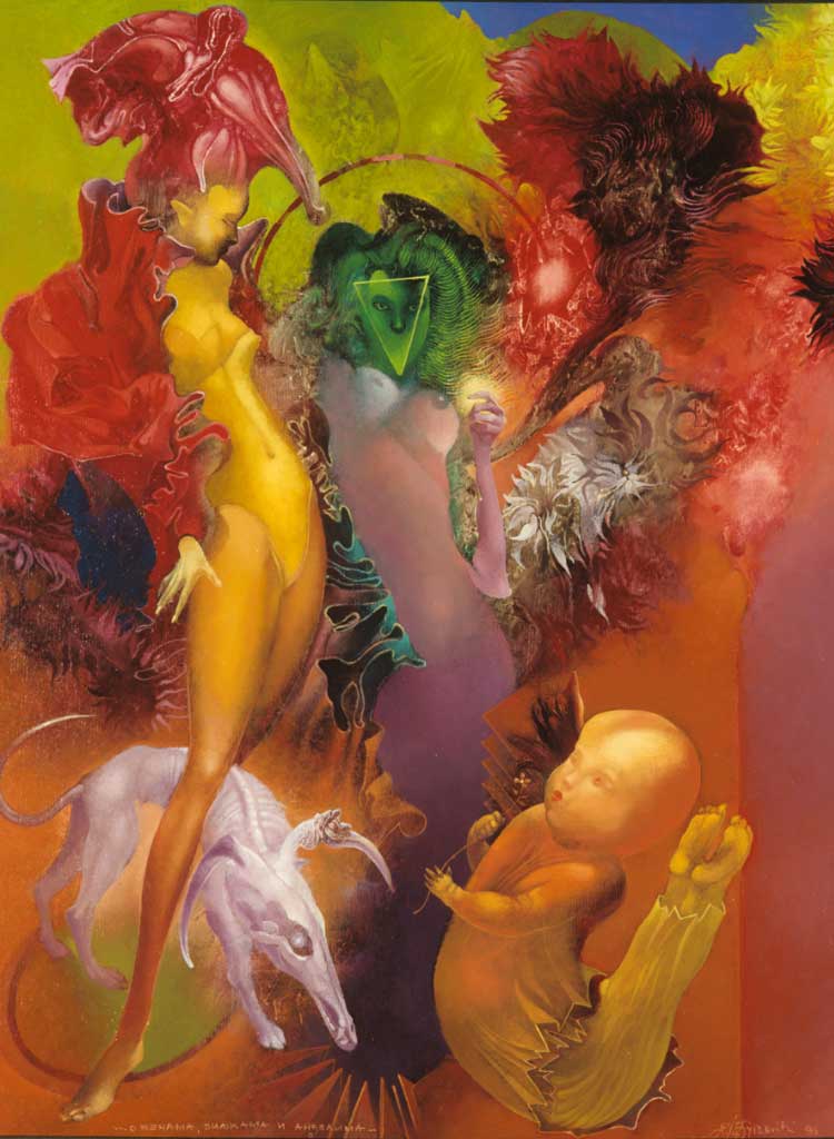 O ženama, biljkama i anđelima (Of Women, Plants and Angels), oil on canvas 65x50cm, 1996, by Željko Đurović, abstract figurative composition exploring the mystical connection between femininity, nature, and ethereal beings.
