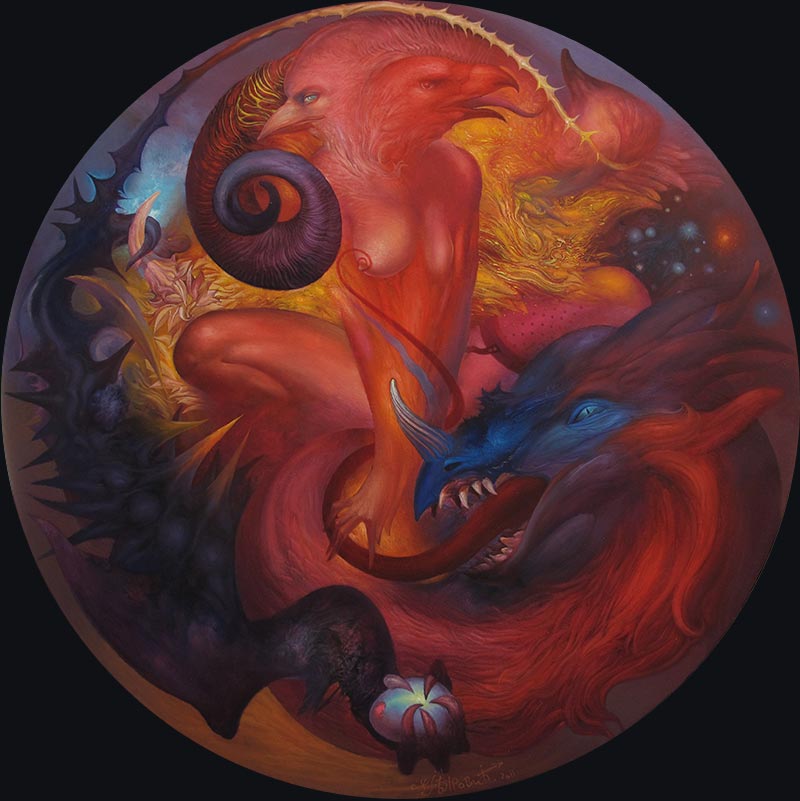 Phoenix, round 95 cm, oil on canvas, 2011 – Željko Đurović