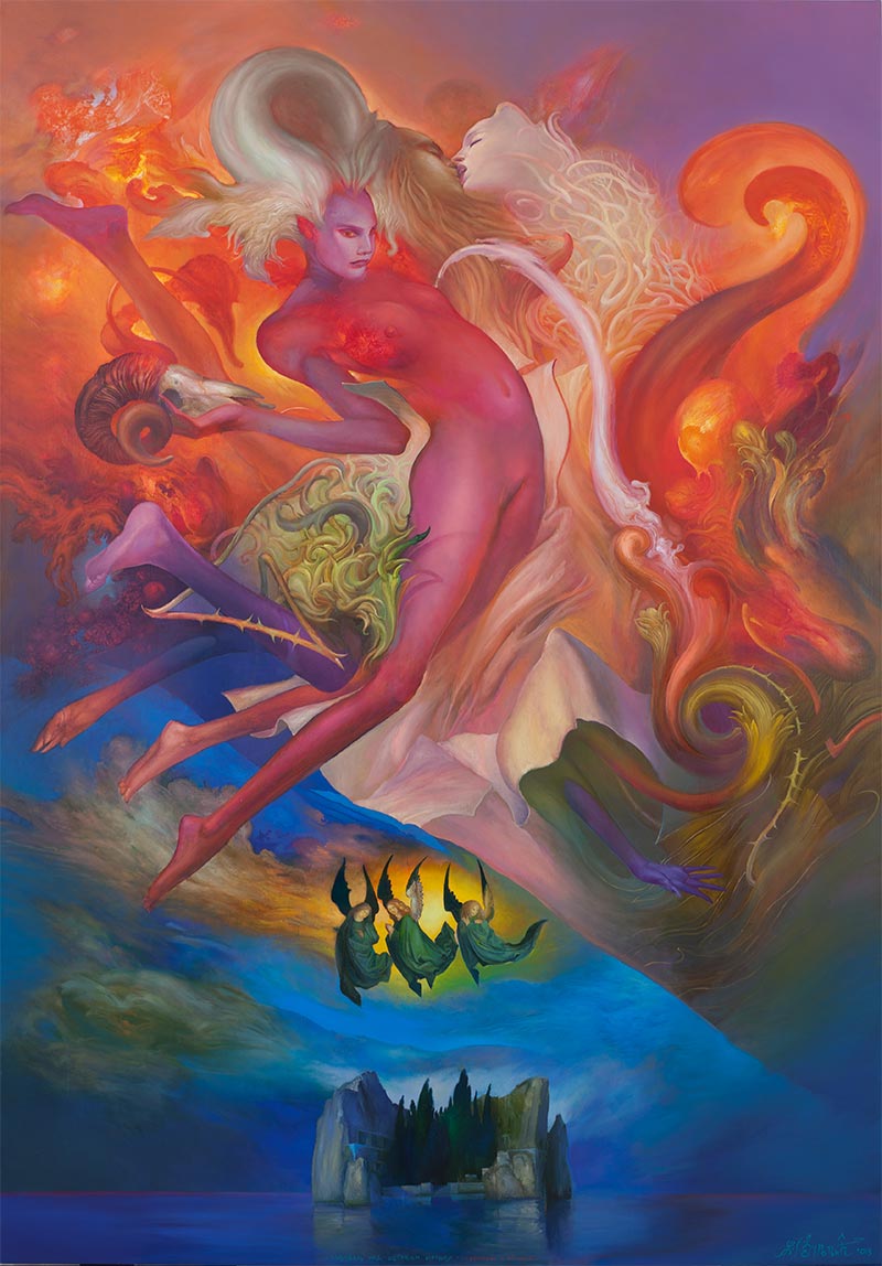 Kiss Over the Island of Death, 195 x 130 cm, oil on canvas, 2013 – Željko Đurović