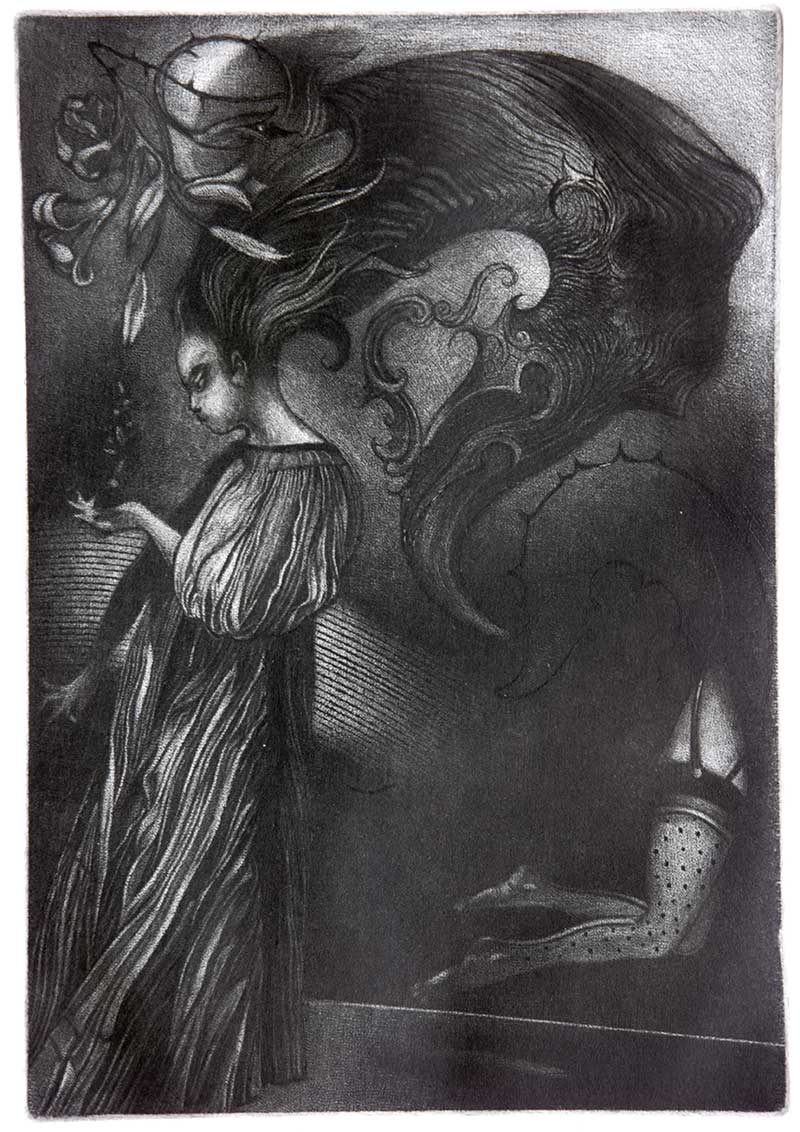 Carried by the Wind (Nošeni vetrom), 30 x 20 cm, mezzotint and dry point, 2005 – graphic print by Željko Đurović.