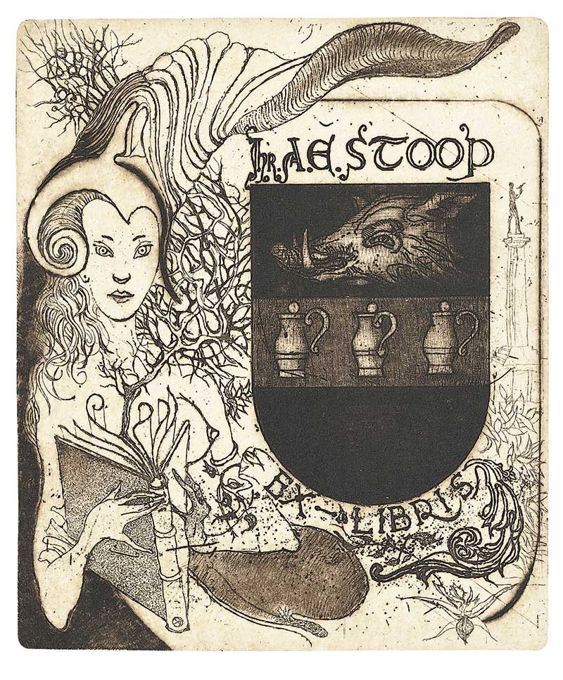 Ex Libris for Mr. A. E. Stoop – graphic print by Željko Đurović featuring a female figure with a book and a heraldic coat of arms.