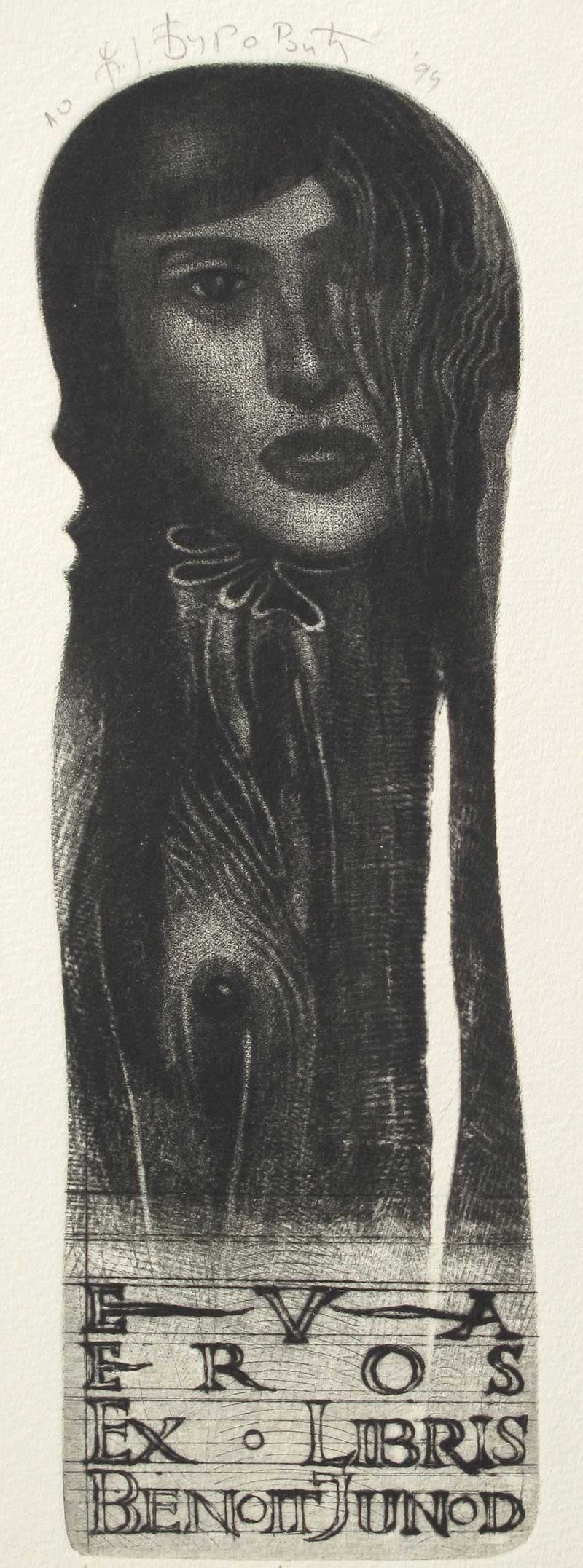 Ex Libris for Benoit Junod – graphic print by Željko Đurović featuring a female nude and floral motifs, with the text EVA, EROS, EX LIBRIS.