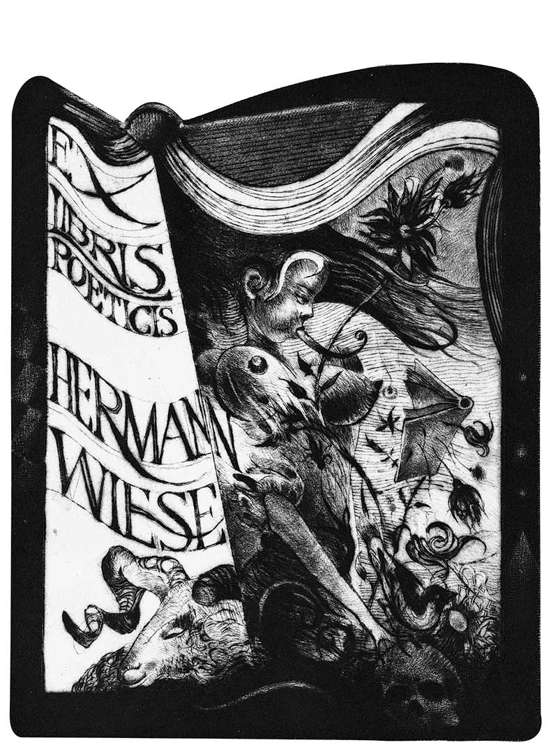 Ex Libris for Hermann Wiese – graphic print by Željko Đurović, featuring symbolic imagery of a butterfly, a ram, and a female figure.