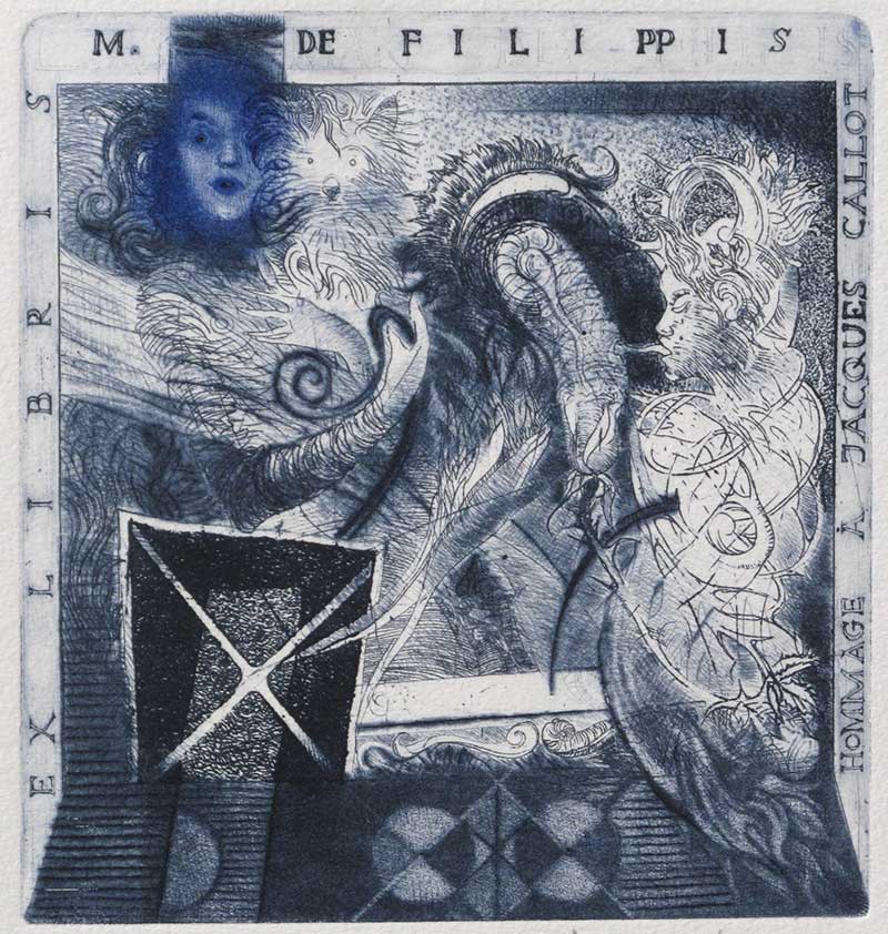 Ex Libris for M. De Filippis – graphic print by Željko Đurović, an homage to Jacques Callot, featuring fantastic creatures and geometric forms.