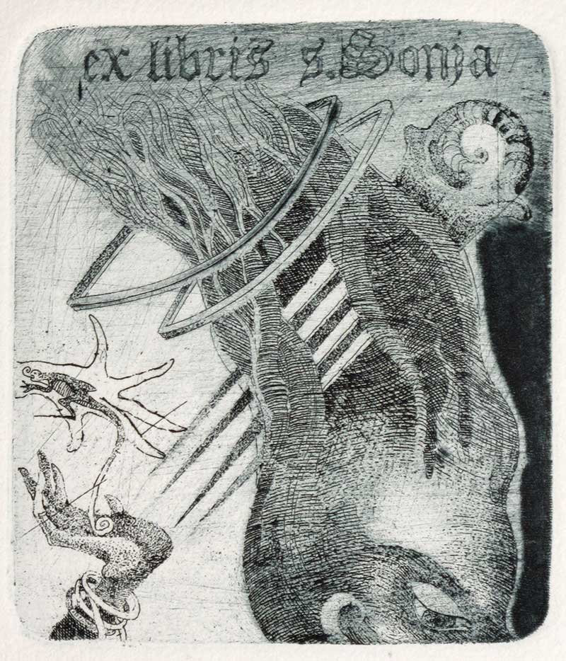 Ex Libris for Sonja – graphic print by Željko Đurović featuring fantastic creatures, geometric forms, and a female face.
