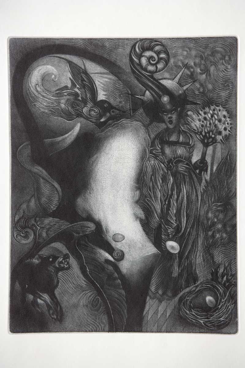 The Slaves (Podanici), 26 x 20 cm, mezzotint and dry point, 2005 – graphic print by Željko Đurović.